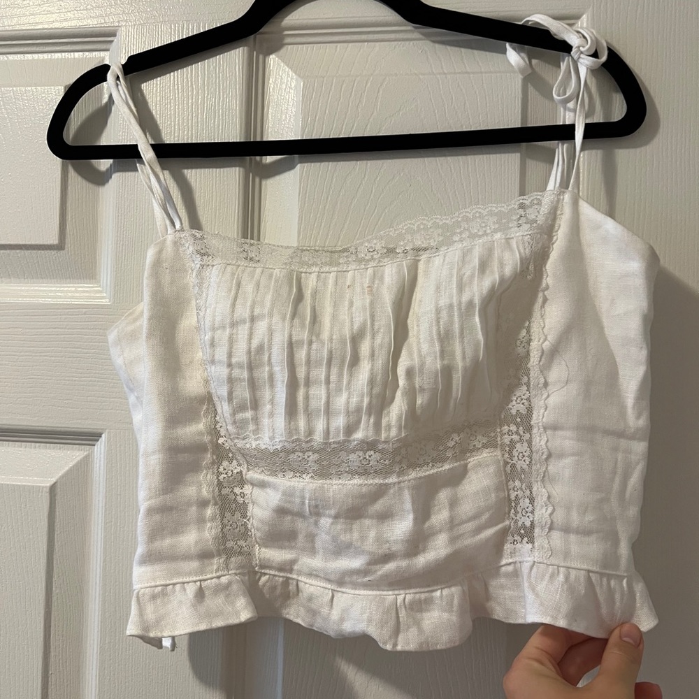 Reformation white linen crop top with lace, ruffle